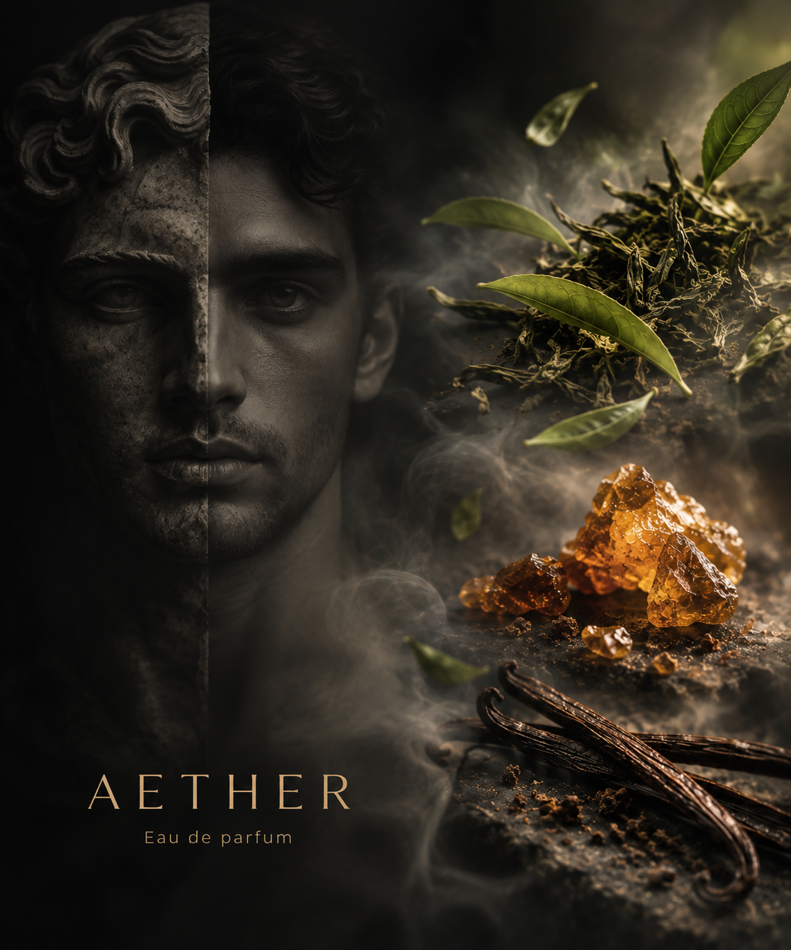 Sfeerbeeld Aether: gezicht van een man met groene thee en amber