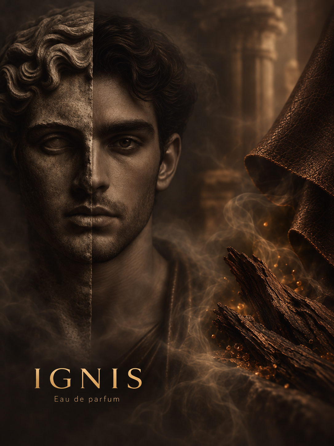 Sfeerbeeld Ignis: gezicht van een man, half in schaduw, met leer en hout