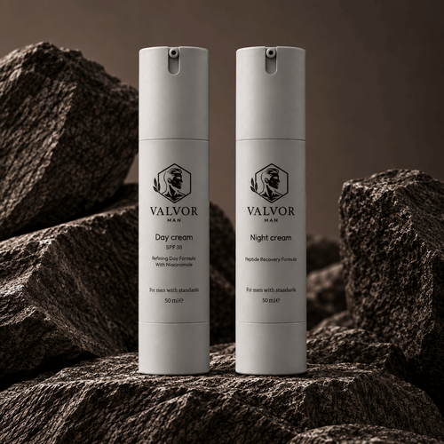 Day Cream SPF 30 en Night Cream op donkere steen