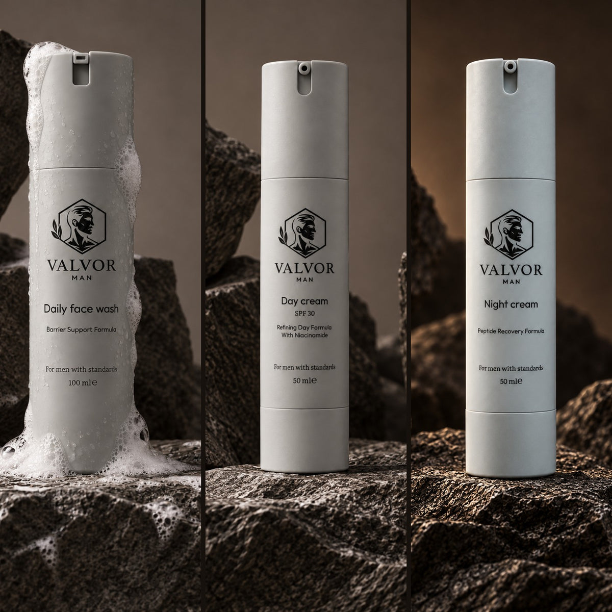 Daily Face Wash, Day Cream SPF 30 en Night Cream, elk op donkere steen