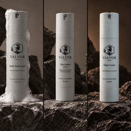 Daily Face Wash, Day Cream SPF 30 en Night Cream, elk op donkere steen