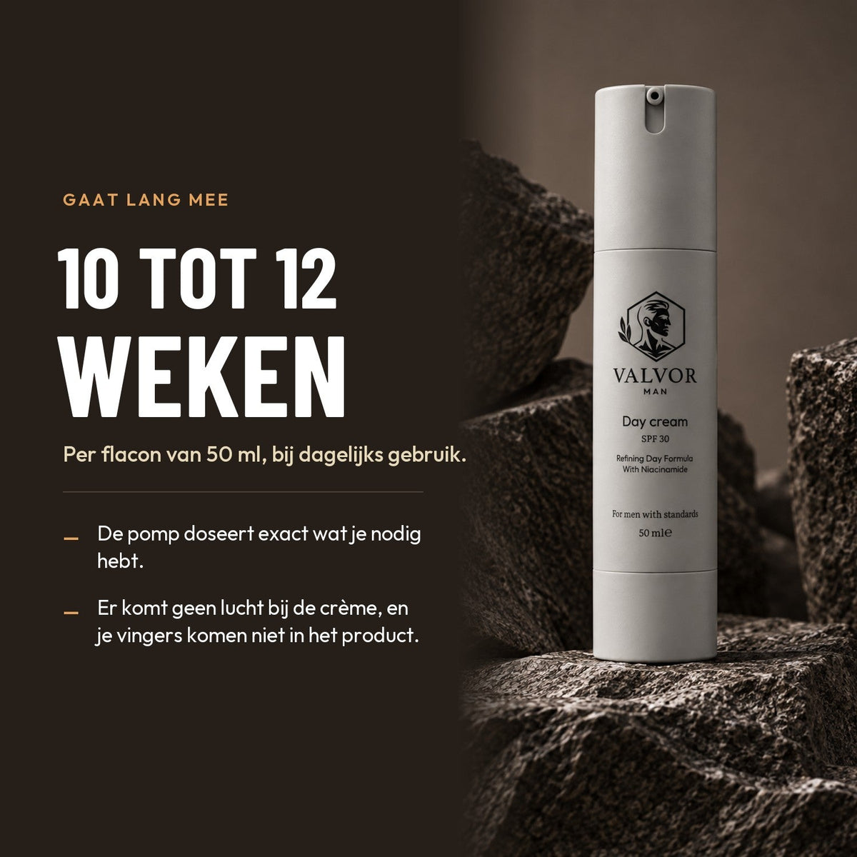 Een flacon Day Cream van 50 ml gaat bij dagelijks gebruik 10 tot 12 weken mee