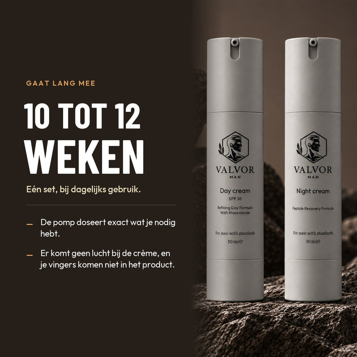 Een set gaat bij dagelijks gebruik 10 tot 12 weken mee; de pomp doseert exact