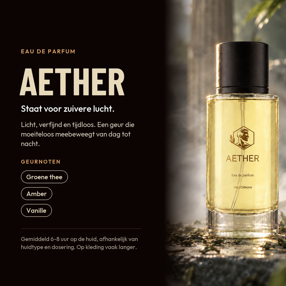 Aether, eau de parfum: staat voor zuivere lucht, met groene thee, amber en vanille