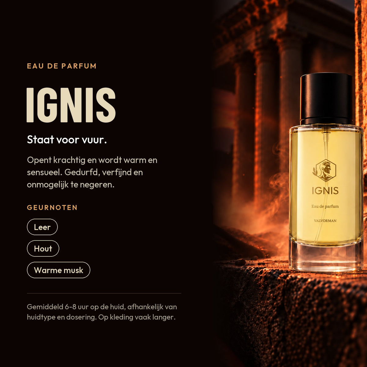 Ignis, eau de parfum: staat voor vuur, met leer, hout en warme musk